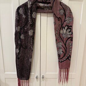 Floral Pattern Fringe Scarf – Mauve / Plum Tones – 60” x 16”